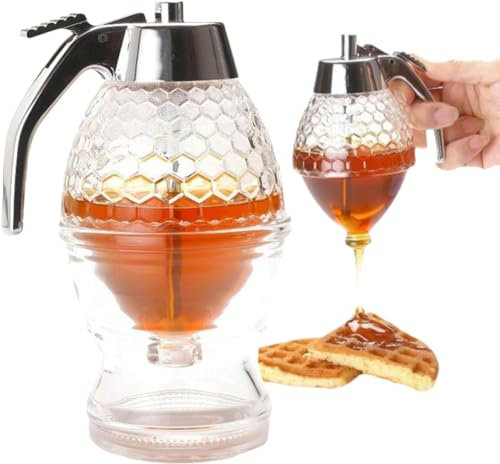 Easy Honey Dispenser Kettle, 2024 Upgrade Acrylic Honey Dispenser No Drip Syrup Dispenser with Stand, Ease to Ues High Capacity Transparent Honey Jar Container Kitchen Gadgets (1pcs)