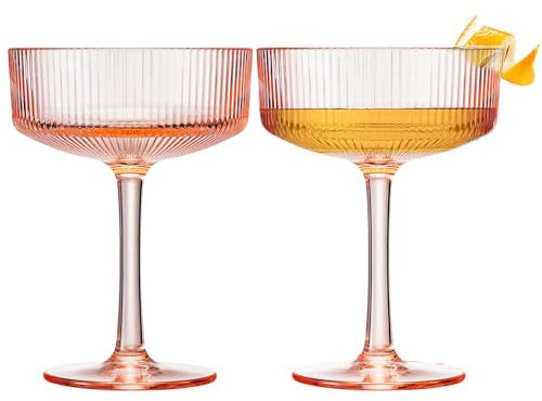 Khen Shatterproof Acrylic Ribbed Vintage Art Deco Martini, Champagne & Cocktail Pink Plastic Tritan Coupe Glasses | Set of 2 | 8 oz Ripple Glassware Indoor & Outdoor Gift