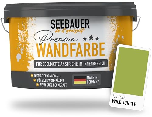 SEEBAUER diy Wandfarbe Grün 5L für Innen (No. 726 Wild Jungle) Edelmatte grüne Innenfarbe - Grüntöne sehr hohe Deckkraft - Matt, Abwaschbar und Tropffrei