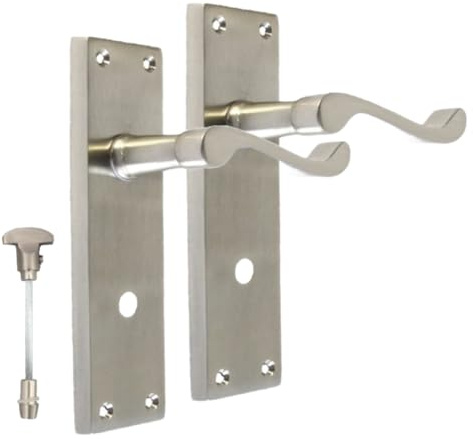 Epsom Door Handle Satin Bathroom Door Handle with Privacy Lock Set - Victorian Style Internal Thumb Turn Latch for Interior Doors Satin Nickel Door Handles Back Plate (Pair of Bathroom Handles)