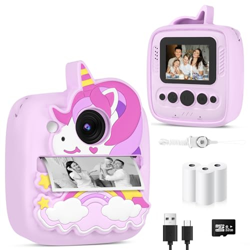 Kids Camera Instant Print, Christmas Birthday Gifts for Gils Age 3-8, 48MP &1080P Children Camera with Silicone Cover, Portable Toy Instant Camera for Kids 3 4 5 6 7 8 9 10 Year Old Girls