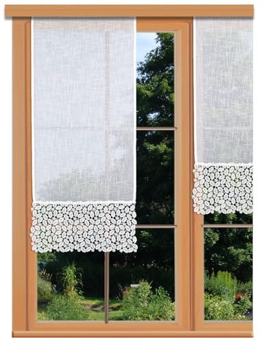 Flächenvorhang Carmelita mit Vogtländischer Spitze weiß | Landhaus-Flächengardine in Käseleinenoptik | Schiebepaneele mit moderner Stickerei handgefertigt | Schiebegardine Höhe x Breite 125 x 40 cm