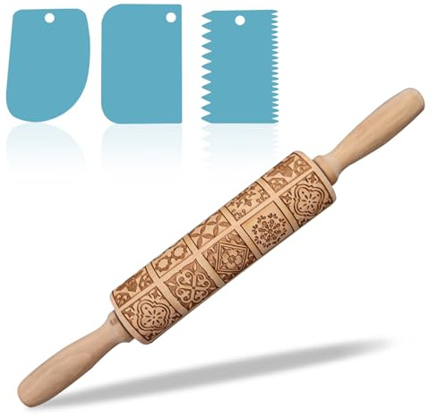 Nudelholz mit Muster, Präge Teigroller Weihnachten Nudelholz, Holz-Nudelholz, Weihnachts Nudelholz, Teigroller mit Muster, Teigroller Holz mit Teigschaber für DIY Weihnachten Küche Plätzchen Nach