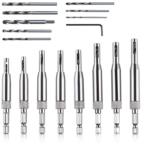 GOLD DEER 17Pcs VIX Bits Self Centering Drill Bit Set Self Centering Drill Bits Set for Hinges 5/64-1/4 Tapper Core Drill Bit for Woodworking Window Door Hinge 8 Pcs with 1 Hex Key and Storage Box