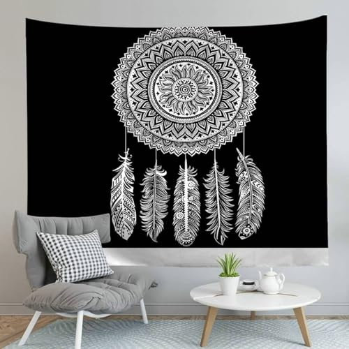 Wycian Wandbehang Psychedelic Wandtuch Mandala Schwarz Weiss Traumfänger Mikrofaser Wandteppich Yoga Upgrade Vertikale Ausrichtung 150X150cm （Breite x Höhe）