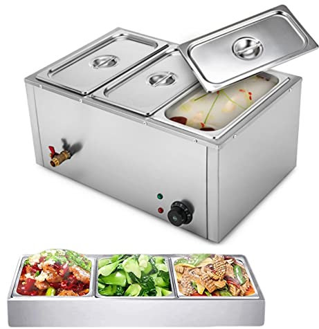 Scaldavivande Elettrico, scaldavivande da Tavolo a Vapore con 3 teglie, scaldavivande elettrici da banco Commerciali Alimenti, capacità stoccaggio Buffet in Acciaio Inossidabile Hotel e ristoranti