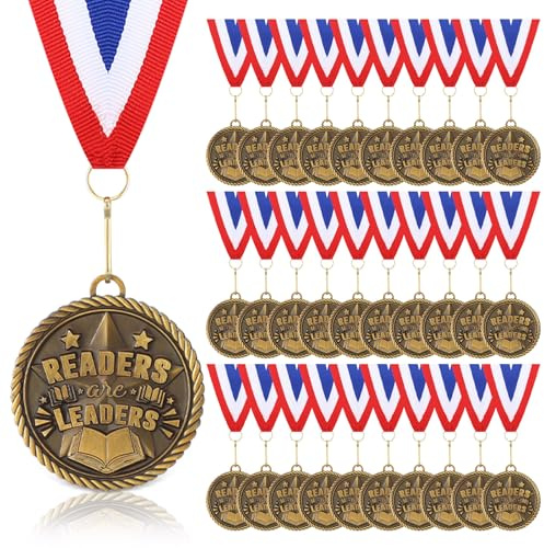 Loetere 30 Pcs Gold Award Medals Bulk 2 Inch Readers are Leaders Award Reading Medals Trophy Gift Prizes with Neck Ribbons for Scholastic Competitions Book Lovers