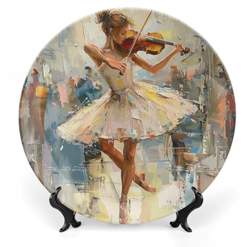 QWJKM Dekorative Teller aus Knochenporzellan, Motiv: Ballett und Violine, 15,2 cm, bedrucktes Muster, Keramikteller mit vertikalem Ständer, runder Porzellanteller, elegantes Kunsthandwerk für Damen