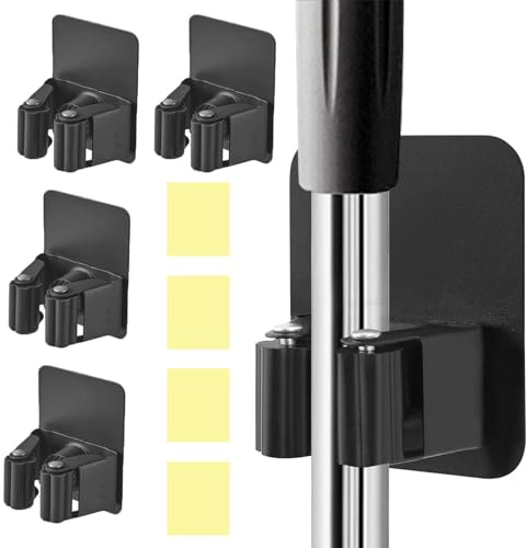 YUNXCNA Besenhalterung Wand, 4 Stück Selbstklebend Besenhalter, Edelstahl Wandhalterung für Wischmopp,Wandmontage Besenhalter Ohne Bohren, für Wischmopp, Besen, Schaufel, Werkzeuge(Schwarz)