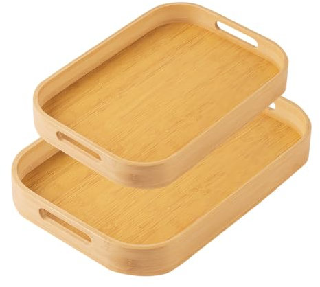 LiangYuanZen 2er Set quadratisch Bambus Serviertablett,Massivholz Frühstückstablett mit Griffen, Praktisches Serviertablett aus Holz, vevr für Abendessen,Tee,Kaffee,Bar,Partys.