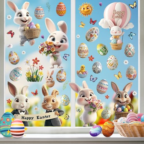 KIKISML 106 adesivi per finestre pasquali, decorazioni pasquali per finestre con simpatico coniglietto 3D in stile cartone animato e uova di Pasqua, decalcomania statica su entrambi i lati per