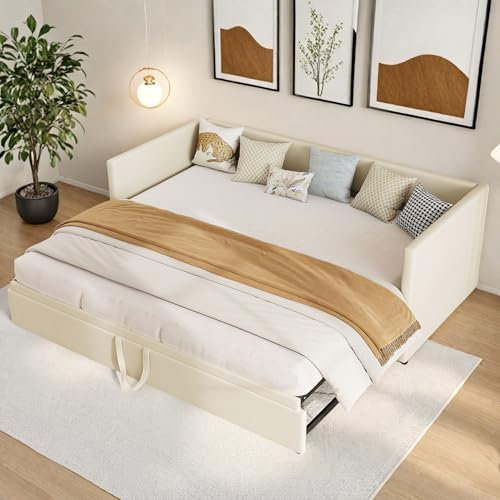 JDEFARF Tagesbett für Doppelbett, Samt, mit ausziehbarem Ausziehbett, gepolstertes Spft-Bett, platzsparendes Doppelbett zum Gestalten für Gästezimmer, kein Boxspringbett erforderlich (Beige)