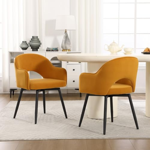 Ya-Home Set di 2 Sedie da Pranzo in Velluto Sedie da Cucina Poltrona Sala da Pranzo Girevole con Gambe in Metallo Sedie Imbottite per Soggiorno/Ristorante, Giallo