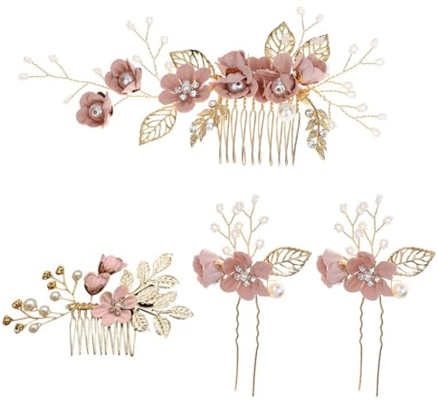 ZORVUJI Accessoires de Cheveux Rose-Or pour Mariage - 4 Peignes à Cheveux avec Perles et Strass, Bijoux de Cheveux pour Demoiselles d'Honneur