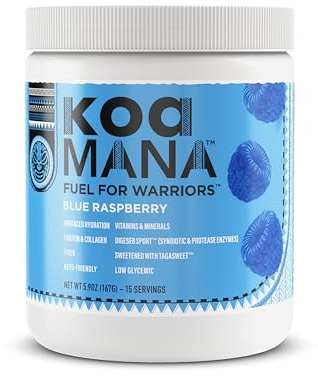 KOA MANA™ Superfood Hydration Drink Mix - Protein, Collagen, Fiber, Electrolytes, Vitamins & Minerals, Piperine, Protease Enzymes, Probiotics, Prebiotic, and Tagasweet™ - 15 Servings (Blue Rasperry)