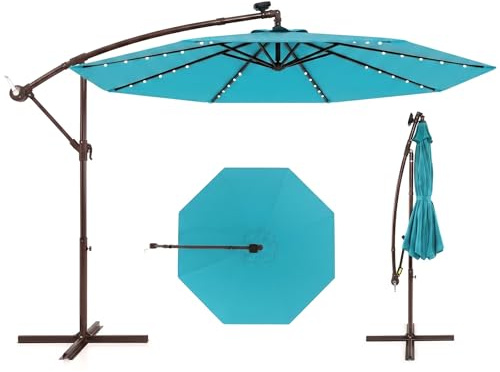 COSTWAY Sonnenschirm 300 cm, Ampelschirm mit 40 Solar-LED-Leuchten und Kurbel, Gartenschirm, Marktschirm, Terrassenschirm für Garten, Pool, Terrasse (Türkis)
