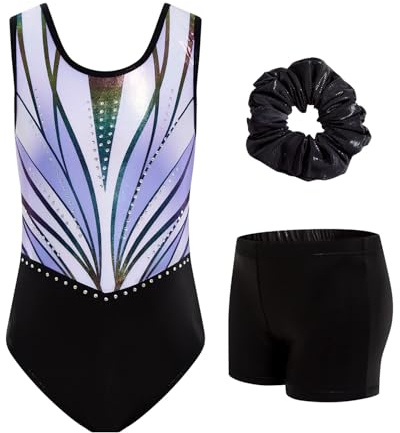 JiAmy Turnanzug Mädchen Ärmellos, Kinder Glitzer Gymnastik Turnanzug Leotard mit Shorts und Haarband, Gymnastikanzug Turnbody Ballett Tanzender Ballettanzug für 3-12 Jahre