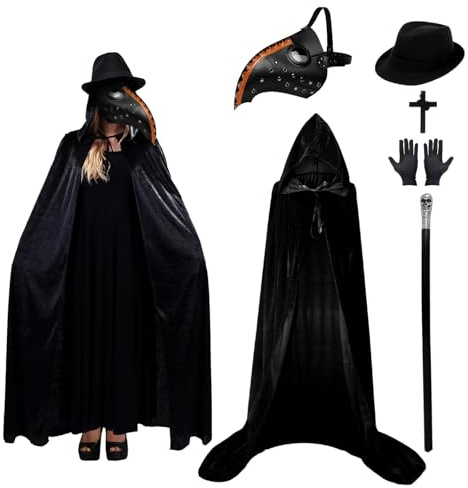 Celebration Directre Costume de médecin de la peste d'Halloween pour adulte, masque de médecin de la peste en cuir avec cape à capuche, chapeau haut-de-forme, collier croix, gants, sceptre rétro