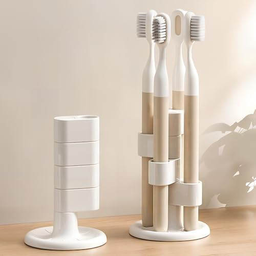 Portaspazzolino per bagno, porta spazzolino da denti con quattro scomparti divisi per spazzolini da denti, rasoi e pennelli da trucco, design unico con fessure, bianco
