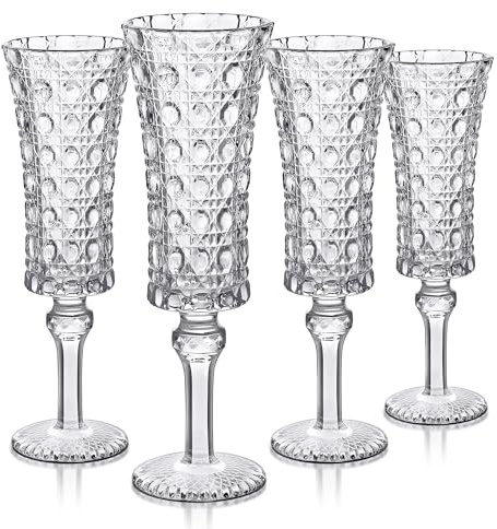 Joeyan Vintage Glass Champagne Flutes,4 oz Embossed Sparkling Wine Glasses for Cava Prosecco,Diamond Patterned Toasting Goblet Glasses,Decorative Stemware for Wedding Anniversary Birthday,Set of 4