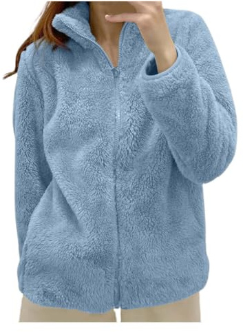 Veste polaire de couleur unie pour femme avec col zippé - Vêtement d'extérieur douillet pour femme - Veste polaire duveteuse pour femme (BU4, M)