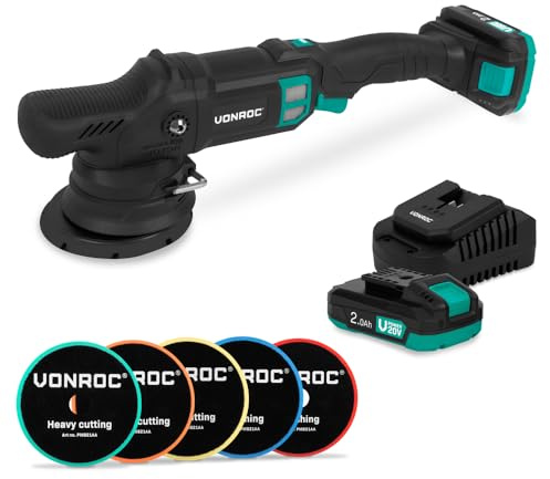 VONROC PRO PM510DC trådlös roterande polermaskin - Ø 125 mm, 20 V, 7 hastigheter, borstlös motor, set med 5 skivor, 2 x 2,0 Ah och snabbladdare - professionell finish