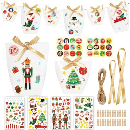 Christmas Advent Calendar Bags, 24 Days Countdown Burlap bags Hanging Advent Calendar Gift Favors for Xmas Decorations (White)