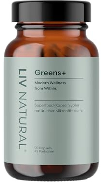 LIV Greens+ Kapseln | Chlorophyll | Für jeden Tag | mit Alfalfa, Gerstengras, Moringa & Lucuma | 100% vegan & rein 90 Kapseln