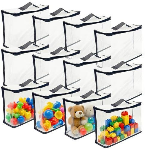 12 Stück PVC Aufbewahrungstaschen für Spielzeug, 32 x 31 x 8 cm Toilettentaschen mit Reißverschluss, Wasserdichte Kulturbeutel Transparent für Spielzeug für Puzzle, Bausteine, Badespielzeug