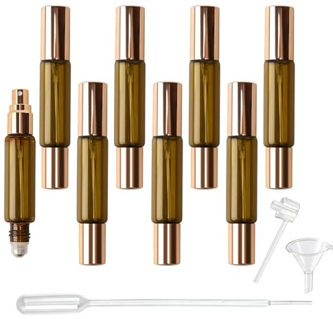 CxutSa 8 Piezas 10ml Atomizador Perfume Recargable Marrón Perfumador Dispensador de Viaje y Botellas Roll On Cristal Doble cabezal para Aceites Esenciales, Perfumes, Masaje