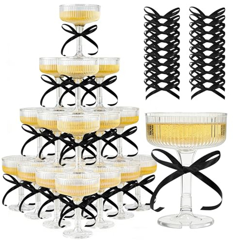Irosiy Champagne Tower - 7oz. Set of 20 Champagne Flutes Plastic - For Weddings & Parties - Plastic Coupe Glasses - Clear 25 black bows