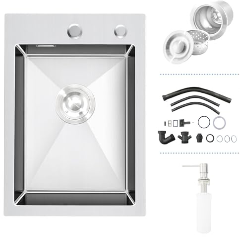 Fregadero Cocina 1 Seno, Fregadero Acero Inoxidable Cepillada 35 x 50 cm con Desbordamiento,Sifón, Dispensador de Jabón, Fregadero Pequeño con 2 Orificios para Grifo, Sobre Encimera o Enrasado