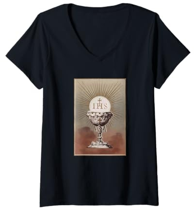 Femme Calice Host IHS Monogramme Sainte Communion Eucharistie T-Shirt avec Col en V