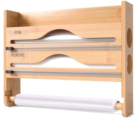 4 in 1 Frischhaltefolie Spender mit Küchenrollenhalter Folienschneider | Folienspender Wand Holz für Küchenpapier, Alufolie, Frischhaltefolie, Gewürzflaschen, 35,3x27x7cm