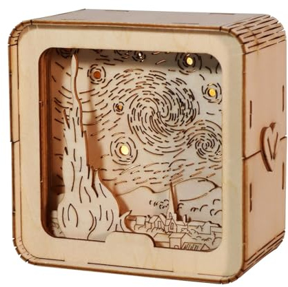 Handcrafted Wooden 3D Puzzle Kit for Adults – Starry Night Sky Model Building Set with LED Night Light Functionality