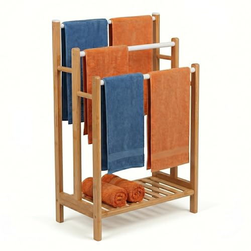 Relaxdays Handtuchhalter, mit 3 Stangen & Ablage, Natur/weiß | HBT: 86x46x24 cm, für Hand- & Badetücher, Bambus & Metall