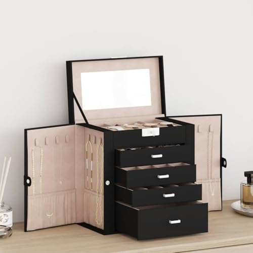 LoogCape Smyckeskrin 5 lager med spegel låsbart svart för smyckesförvaring, arrangör, armband, ring, örhänge, kedja, klocka, gåva, utrymmesbesparande, dammtät, vitrinskåp, damer