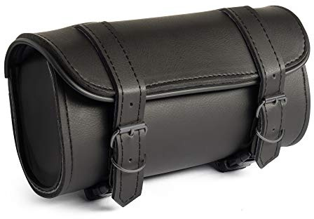 The Nekid Cow Leather Motorcycle Handlebars Bag Premium Synthetic Black Plain 2 Strap Closer Tool Bag Pouch for Saddle Bag Sissy Bars, Fork Windshield