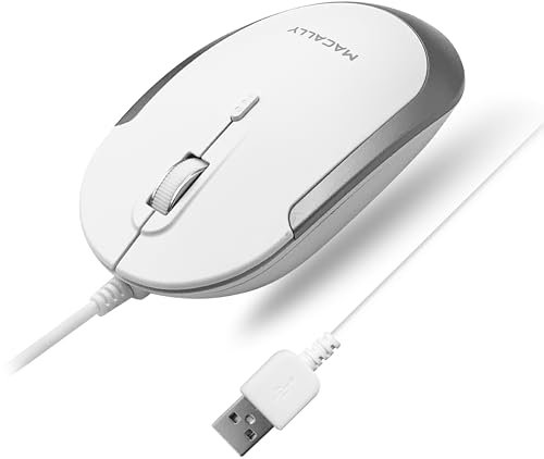 Macally Silent Wired Mouse - Slim & Compact USB Mouse for Apple Mac or Windows PC Laptop/Desktop - Designed with Optical Sensor & DPI Switch - Simple & Comfortable Wired Computer Mouse (White)
