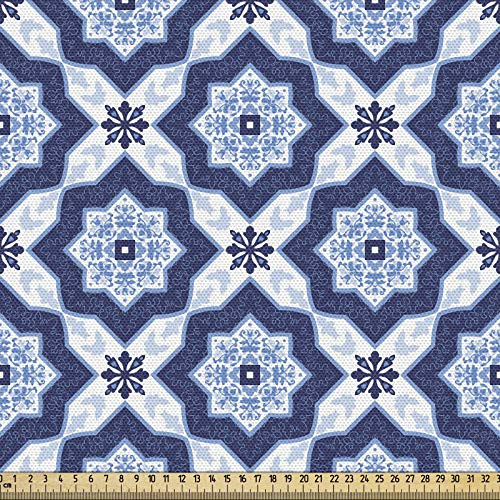 ABAKUHAUS Blau Gewebe als Meterware, Portugiesisches Azulejo-Mosaik, Schön Gewebten Stoff für Polster und Wohnaccessoires, 1M (148x100cm),Hellblau Dunkelblau Weiß