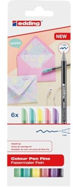 edding 1200 Fasermaler fein - 2x grün, 1x gelb, 1x rot, 1x lila, 1x grau - Set mit 6 Pastellfarben - Rundspitze 1 mm - Filzstift zum Zeichnen und Schreiben - Schule, Mandala