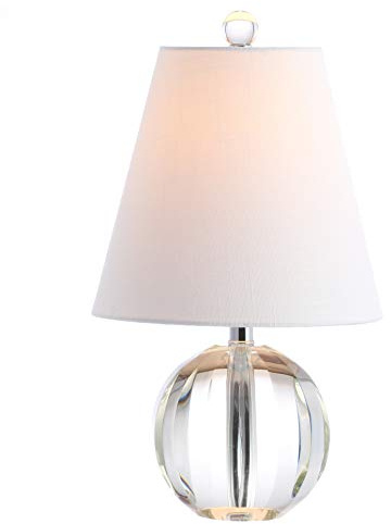 JONATHAN Y 16 Clear Crystal Ball LED Table Lamp, White Modern Bedside Lamp, with White Linen Empire Shade, Glam Orb Glass Nightstand Lamp for Living Room, LED Bulb JYL2079A