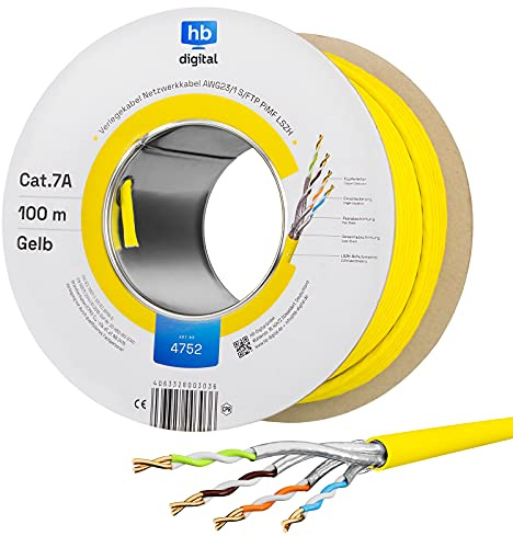 HB-DIGITAL 100m CAT.7a Netzwerkkabel LAN Kabel Verlegekabel AWG 23 Reines Kupfer S/FTP PiMF LSZH Halogenfrei RoHS-Compliant Ethernet Installationskabel Datenkabel PoE 10Gbit/s max. 1200MHz Gelb
