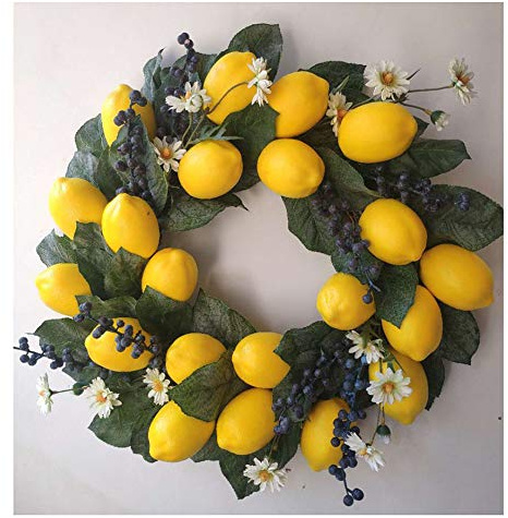 Künstlicher Frühlingskranz mit Zitrone und Heidelbeere Künstlicher Dekokranz Türkranz Wandkranz Frühlingsdeko für Haustür, Fenster, Wand, Hochzeit, Partydekoration Durchmesser 60cm