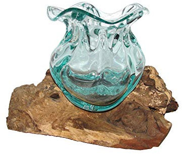 SAWA Glasvase Blumen-Vase Blume ges. Höhe ca. 17 cm auf Wurzelholz Treib-Holz Dekovase spezielle Glas-Vase Geschenk-Idee