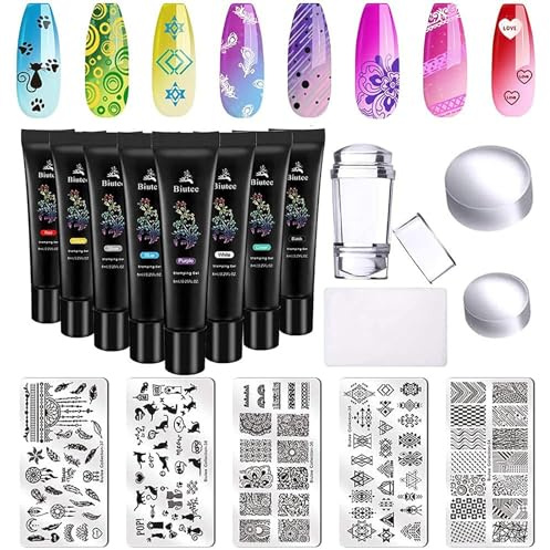 Biutee Gel para Estampar Uñas 8 Colores, 5 Placas de Estampación para Uñas