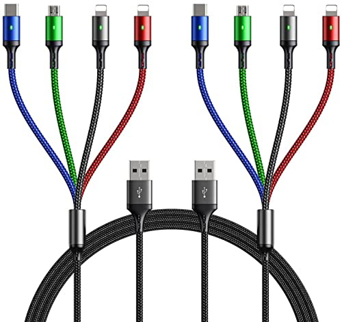 YTLUSN Multi Ladekabel 4 in 1 [2Stückack 1.5M] Schnell Ladekabel Datensynchronisation Universal Mehrfach Ladekabels Micro USB Typ C Lightning für iPhone16 15 14/Android/Galaxy/Carplay