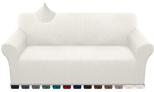 Earnmore Super Stretch Sofabezug 1 Stück Universal Couchbezug für Hunde Katze Elastische Jacquard Sofahusse mit Armlehnen (3 Sitzer, Creme)