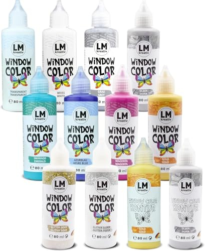 Set di Vernice per Finestre LM-Kreativ (Set di 12 x 90 ml Magic Moments) - Vernice Rimovibile per Finestre/Adesivo Vernice a Base d'Acqua per Superfici Lisce come Vetro, Specchi, Piastrelle
