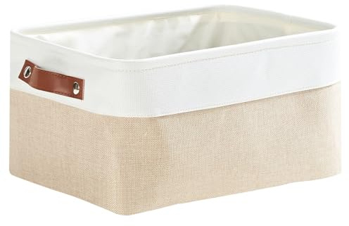 Mangata Faltbare Aufbewahrungskörbe mit Ledergriff,Verdicktes Leinen Stoff Aufbewahrungsbox Korb für Spielzeug, Kleidung, Zuhause, Wäsche (Helles Khaki/weiß, Medium)